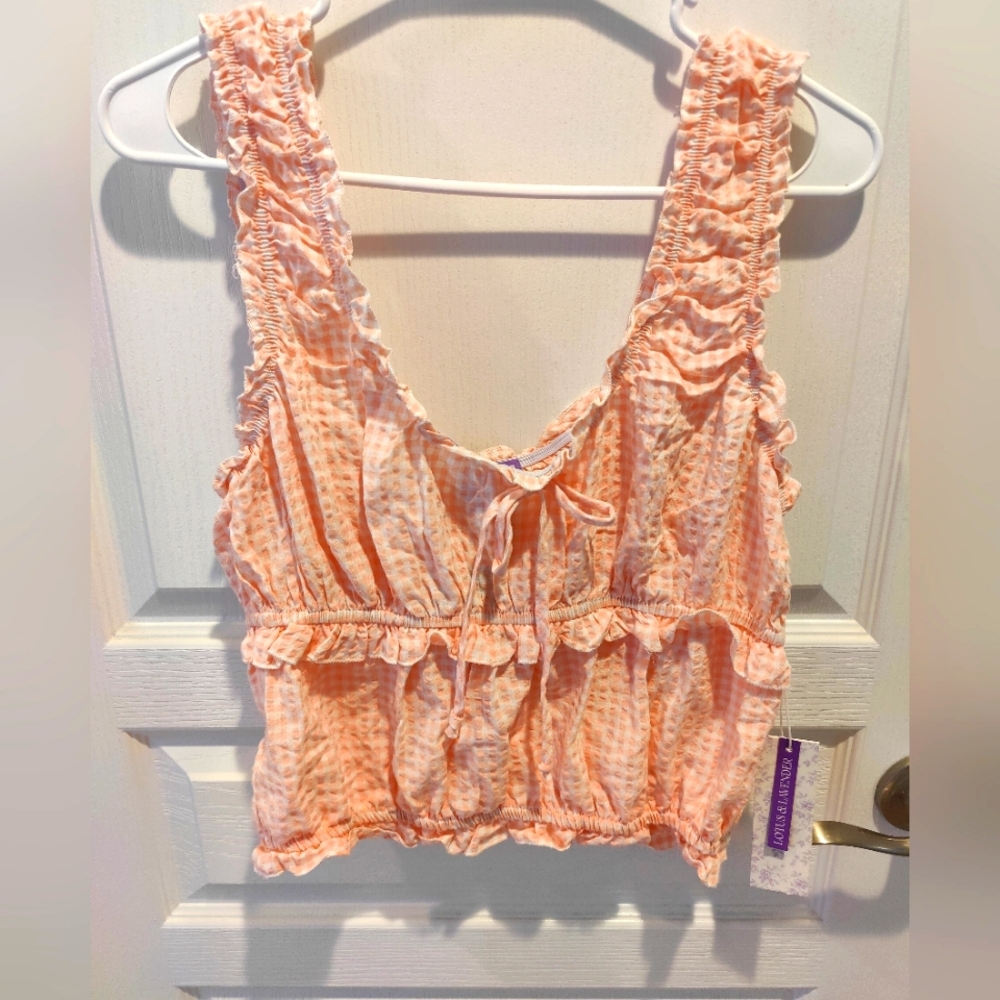 Lotus And Lavendar Peach Gingham Tank Sleeveless Blouse Top
